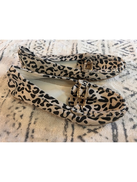 Shoes - Rongen Women's Leopard Print Loafers with Gold Chain Detail